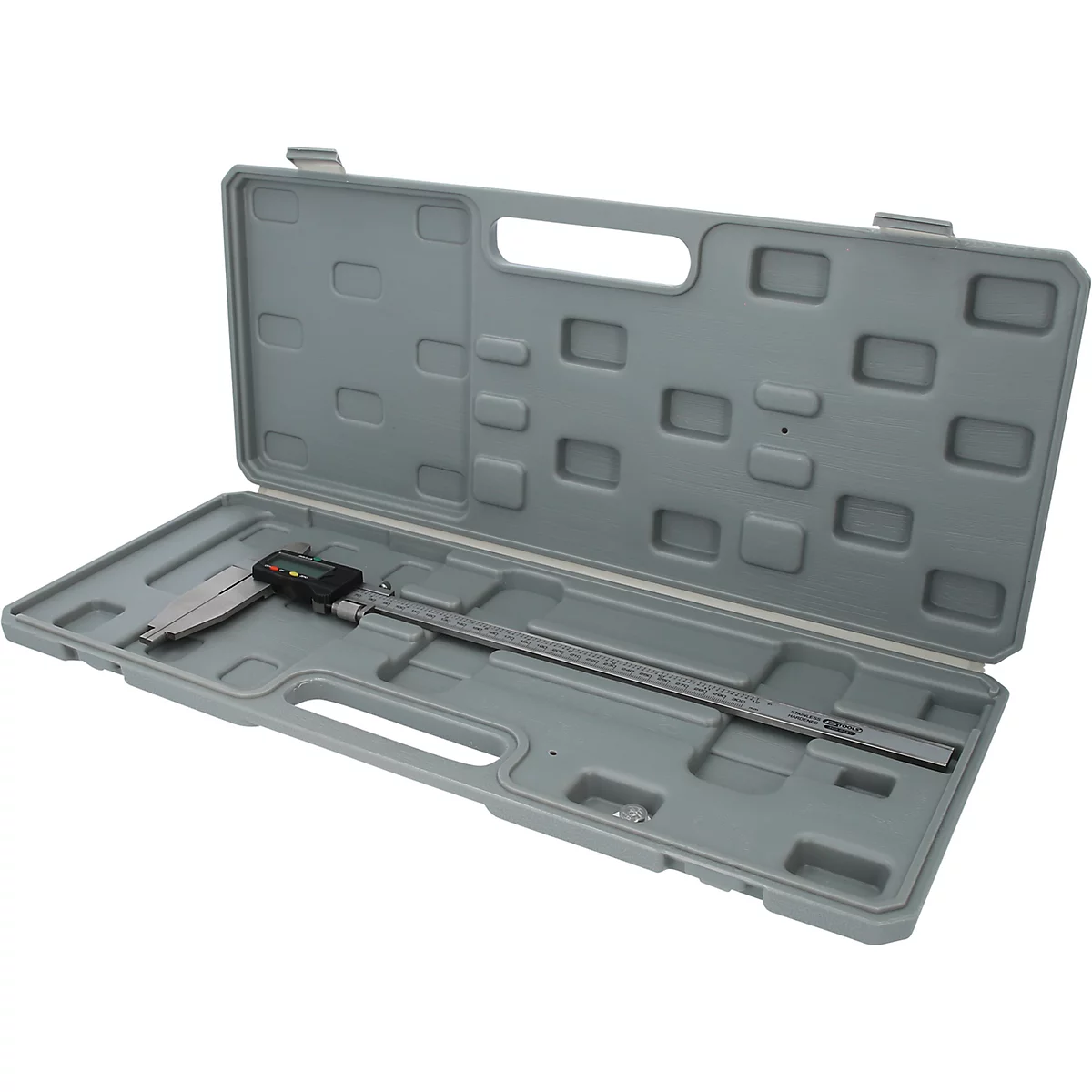 Digitale Messschieber in einem grauen Koffer, offen.